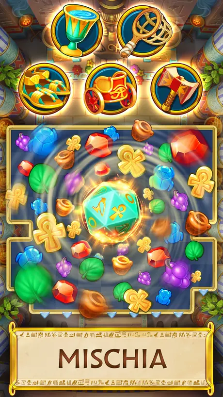 Cinque potenziamenti a disco sopra la griglia che si rimescola in Jewels of Egypt